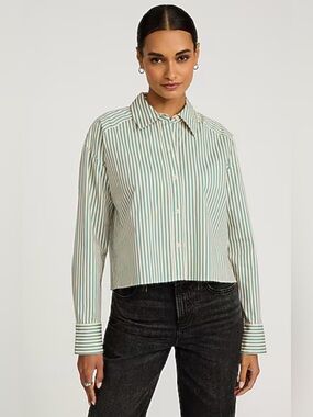 Express Striped Button-Up Shirt in Teal green and Cream stretch poplin shirt